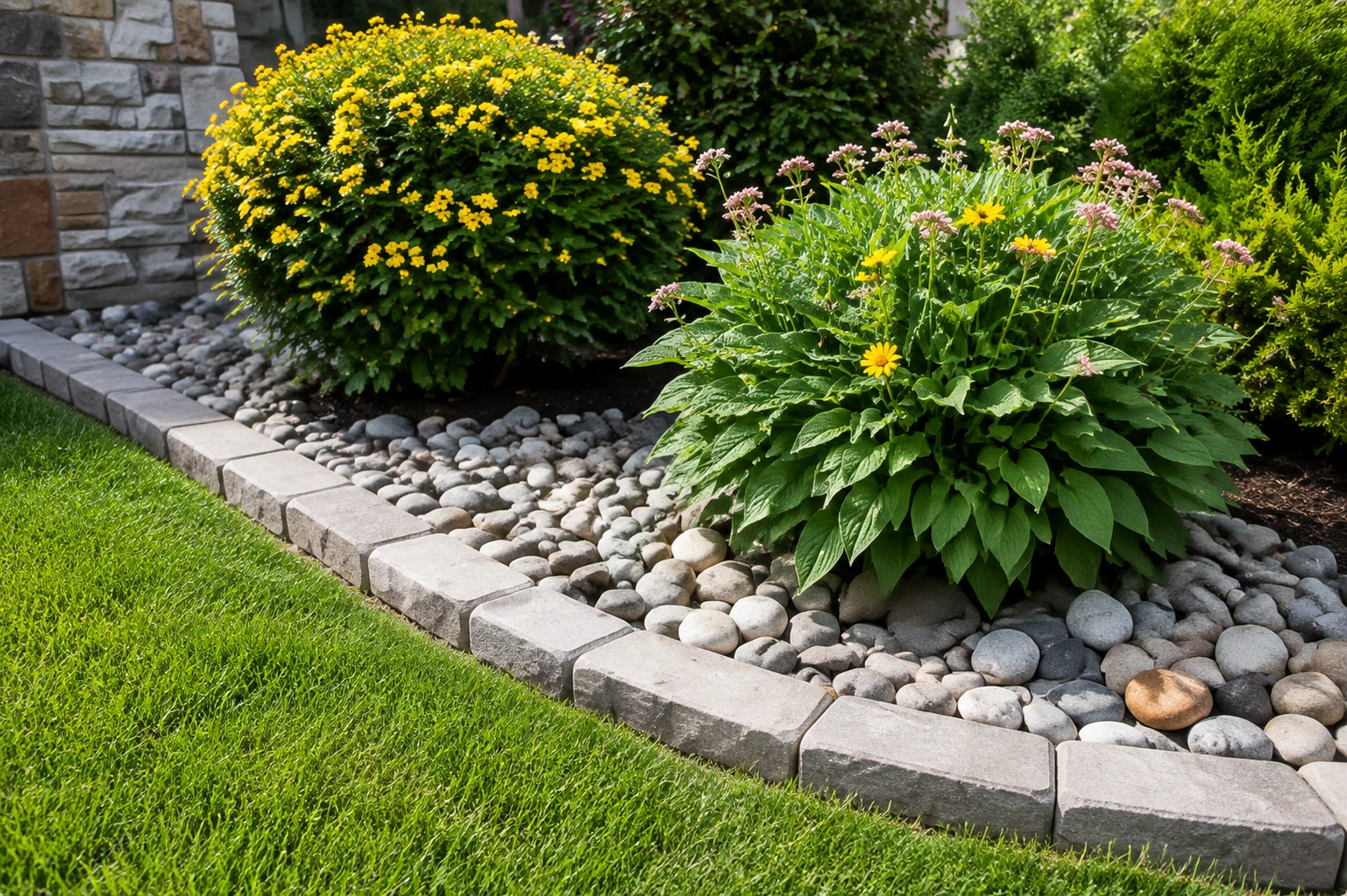 Refreshed garden with white decorative stone and flowering plants