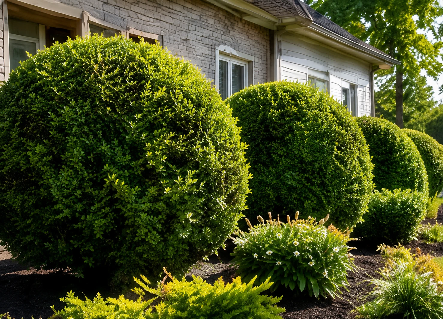 Neatly trimmed round bushes outside a home